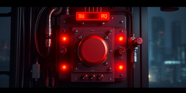Una imagen de un sistema de energía con un gran interruptor rojo en el centro, rodeado de cables y luces parpadeantes, con un fondo de una ciudad oscura