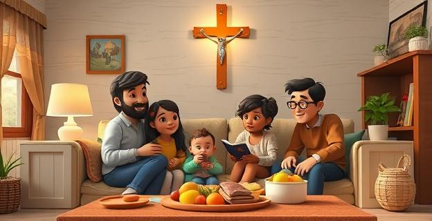 Una familia reunida en un salón acogedor, con una biblia y una cruz en la pared, rodeados de objetos que representan esperanza y solidaridad, como alimentos y ropa de bebé.