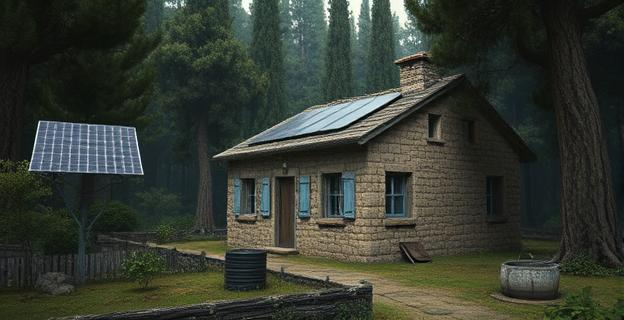 Una casa de piedra antigua, semi-ruinosa, enclavada en un denso bosque mediterráneo. Alrededor de la casa, paneles solares rudimentarios captan la luz del sol. Hay un pequeño huerto y un pozo de agua visible. El ambiente es sombrío, con árboles altos y follaje espeso que sugieren aislamiento. No se ven personas.