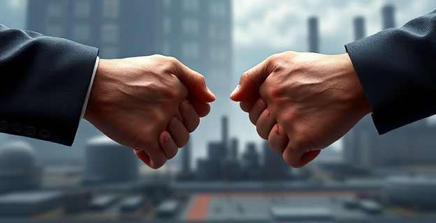 Una imagen conceptual que represente la tensión entre el Gobierno y los hermanos Escribano, con un fondo que simbolice la industria de defensa y la incertidumbre sobre el futuro de Indra y EM&E.