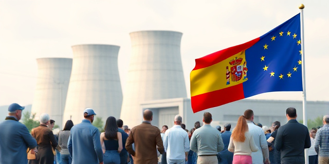 Un grupo de personas frente a una central nuclear, con una bandera de la Unión Europea y una bandera de España