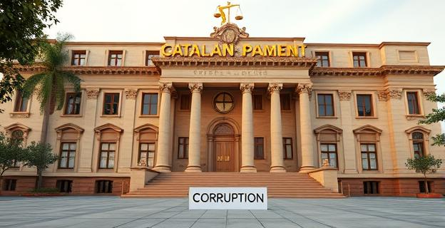 Edificio del Parlamento catalán con una balanza en la fachada simbolizando justicia y un letrero de 