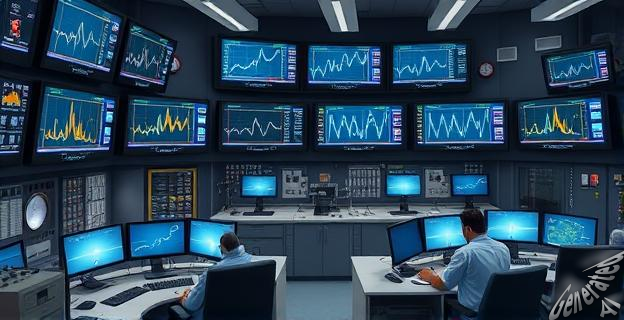 Sala de control de una central eléctrica con múltiples pantallas mostrando gráficos de tensión y corriente eléctrica, y técnicos trabajando en ordenadores.
