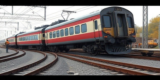 Una imagen de un tren descarrilado, con vías de ferrocarril dañadas y personas trabajando en el lugar del accidente