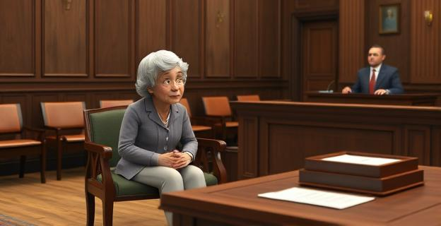 Una escena de un juzgado con una mujer anciana y una empleada del hogar sentadas en un banco, con un juez en el estrado y documentos legales en una mesa