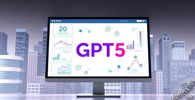 Ilustración de una pantalla de computadora mostrando el logo de GPT-5 rodeado de gráficos de programación y diseño de interfaz, con una ciudad empresarial al fondo.