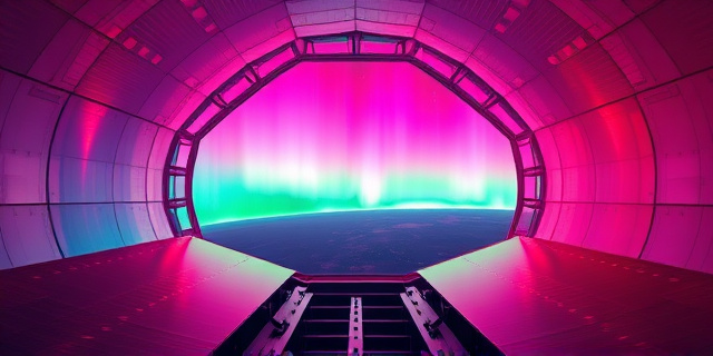 Una composición abstracta con colores vibrantes que simulan una aurora boreal vista desde el interior de una estructura futurista. La imagen debe evocar una sensación de asombro y soledad, con texturas que recuerden a paneles solares y la curvatura de la Tierra a lo lejos. Estilo pictórico, colores saturados, iluminación dramática.