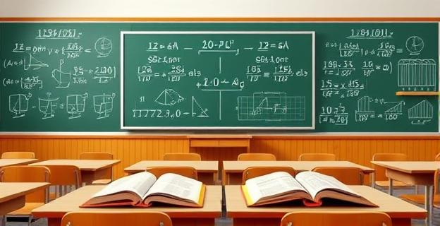 Imagen de un aula de Primaria con pizarras llenas de ecuaciones matemáticas y gráficos de proporcionalidad, sin números romanos visibles, con libros de texto abiertos en páginas de problemas de matemáticas.