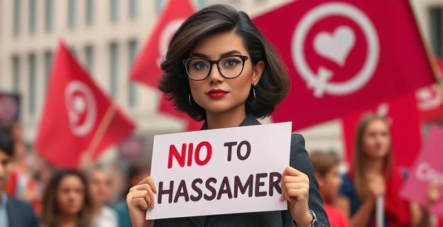 Imagen de una mujer firme con un cartel que dice 