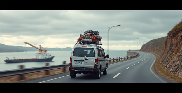 Una imagen de un vehículo con una baca sobrecargada circulando por una carretera sinuosa, con un puerto al fondo y un cielo nublado