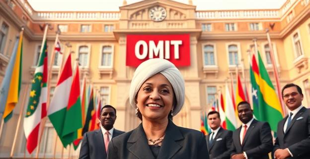 Edificio del Palacio de Congresos de Madrid con bandera de la OMT, rodeado de banderas de diferentes países africanos, con una imagen de Begoña Gómez en primer plano, sonriendo y rodeada de ministros africanos