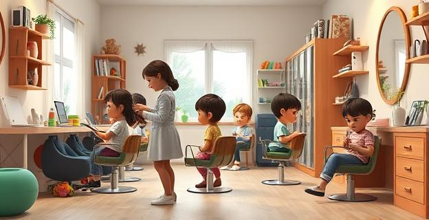 Una guardería con un ambiente acogedor donde una peluquera está cortando el pelo a varios niños sentados en sillas, con juguetes y ordenadores portátiles alrededor