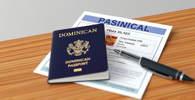 Una imagen de un pasaporte dominicano y un documento de identidad español sobre un escritorio de madera con un bolígrafo al lado, en un fondo neutro que resalta la documentación oficial.