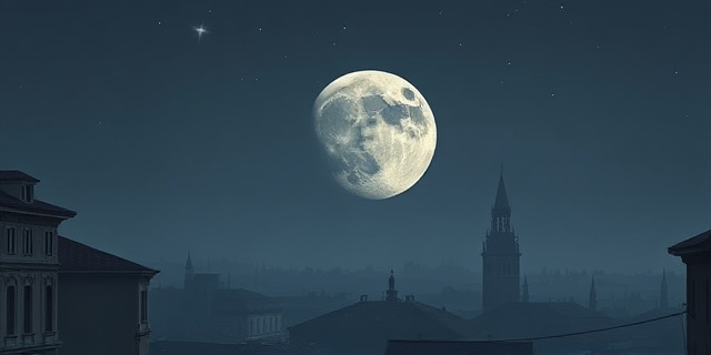 Una representación artística de una luna llena de color gris perla, ligeramente ovalada y distante, sobre un paisaje urbano nocturno con edificios antiguos y una silueta de campanario. El cielo está salpicado de estrellas tenues y la atmósfera es brumosa y melancólica. Estilo pictórico, con pinceladas sueltas y una paleta de colores fríos. Evitar rostros humanos.