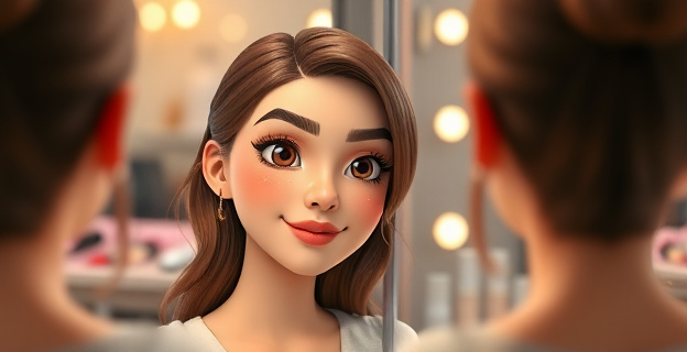 Una mujer joven con cejas perfectamente definidas y maquilladas, mirándose en un espejo con una expresión de satisfacción. El fondo es un salón de belleza con herramientas de maquillaje y una iluminación suave.