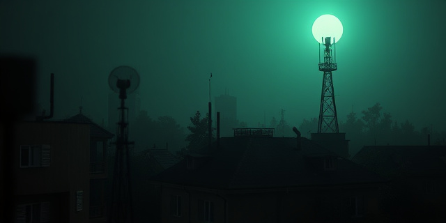 Una atmósfera nocturna y paranoica. Siluetas urbanas distorsionadas bajo una luz verdosa. Antenas parabólicas apuntando al cielo, rodeadas de vegetación exuberante. Un tono de película vintage, granulado y con colores desaturados. Estilo cinematográfico de ciencia ficción de los años 90.