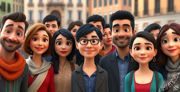 Una imagen de un grupo diverso de personas de diferentes países y edades, con expresiones variadas, en un entorno urbano español con edificios al fondo.