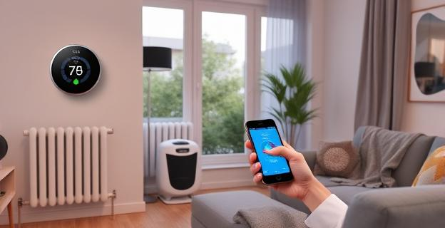Imagen de una casa moderna con termostato inteligente en la pared, radiadores encendidos y una persona ajustando la temperatura con un teléfono móvil. Al fondo, una estufa portátil y una manta eléctrica en el sofá.