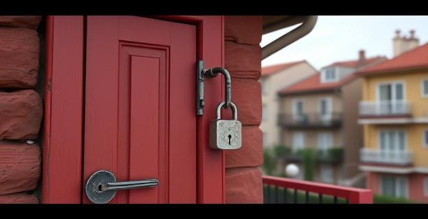 Imagen de una casa okupada con un cerrojo cambiado y una llave en la cerradura, con un fondo de un barrio residencial de una ciudad española.