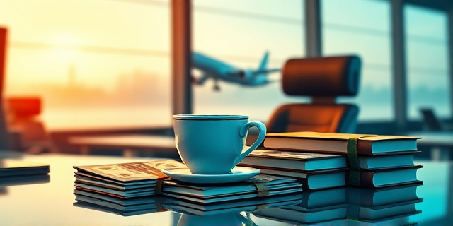Una ilustración satírica de estilo editorial. Un escritorio de oficina policial lujoso en un aeropuerto, con una taza de café humeante sobre un montón de pasaportes falsos y fajos de billetes discretos. De fondo, una silueta borrosa de un avión despegando. Colores contrastados, atmósfera de intriga y corrupción administrativa, estilo dibujo de prensa periodística.
