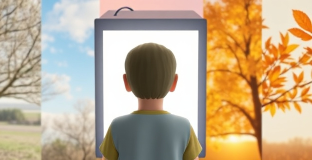 Una representación visual de una persona sentada frente a una lámpara de terapia de luz brillante, con un fondo que muestra diferentes estaciones del año, simbolizando los cambios estacionales y su impacto en el estado de ánimo.
