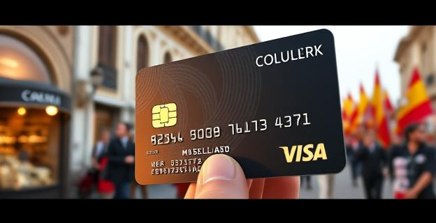 Tarjeta de crédito corporativa siendo usada en diferentes establecimientos de lujo en Sevilla y Málaga, con un mitin político al fondo