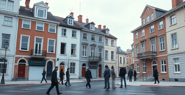 Una imagen conceptual que muestre un contraste entre viviendas vacías y personas en la calle, simbolizando la okupación y la falta de vivienda. Un fondo con edificios vacíos y figuras de personas en primer plano, transmitiendo la idea de desamparo y necesidad de hogar.