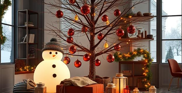 Un árbol de Navidad moderno y estilizado, decorado con ramas secas, luces cálidas y adornos de vidrio soplado en tonos verde olivo, rojo vino y dorado envejecido. Alrededor, textiles de terciopelo y frascos reutilizados con un ambiente acogedor y nostálgico. Un muñeco de nieve grande y una guirnalda iluminada inusual completan la escena.