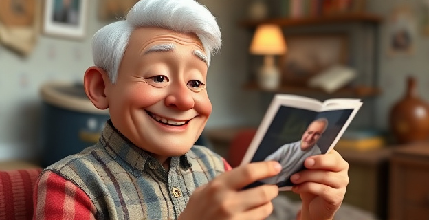 Una imagen de una persona mayor sonriendo mientras mira una foto antigua, con un fondo de recuerdos y objetos de la época