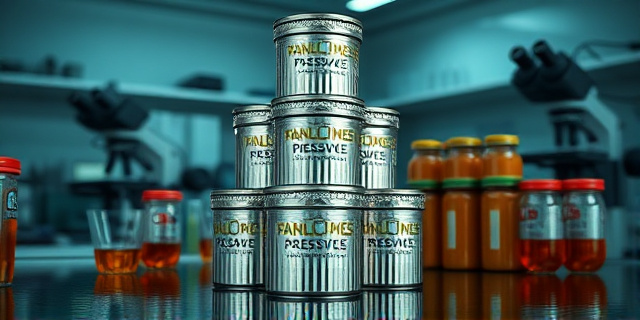 Una composición surrealista con latas de conservas apiladas formando una torre inestable, sobre un fondo que simula un laboratorio de análisis con probetas y microscopios. El estilo pictórico debe ser hiperrealista con un toque de ironía, utilizando colores fríos y contrastes marcados. La iluminación debe ser dramática, resaltando la textura metálica de las latas y la complejidad del laboratorio.