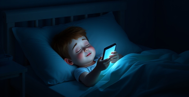 Una habitación oscura con un niño acostado y un móvil iluminado en su mano, reflejando la luz en su rostro mientras duerme.