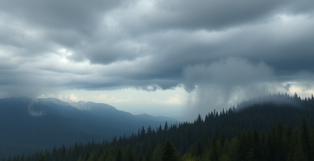 Una imagen conceptual que muestra la interacción entre el jet stream y la Cordillera de las Cascadas, con nubes oscuras y lluvia intensa sobre el paisaje verde del Pacífico Noroeste.