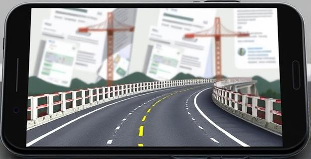 Imagen de una carretera y un puente en construcción, con un fondo de documentos y mensajes en un teléfono móvil