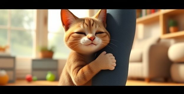 Un gato doméstico frota su cara contra la pierna de una persona en un entorno hogareño acogedor, con juguetes y una ventana al fondo que deja entrar la luz natural