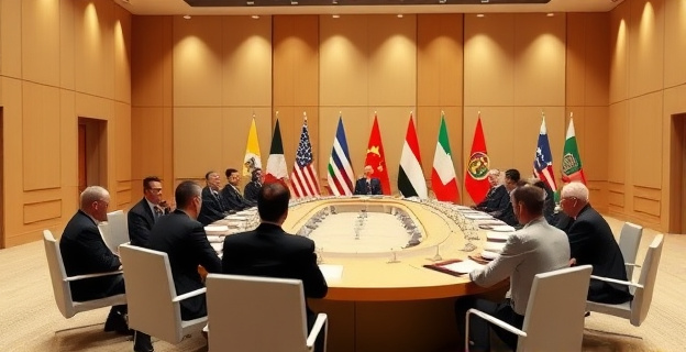 Imagen de una cumbre internacional con líderes de diferentes países reunidos en una sala de conferencias sin incluir ninguna persona ni nombre propio