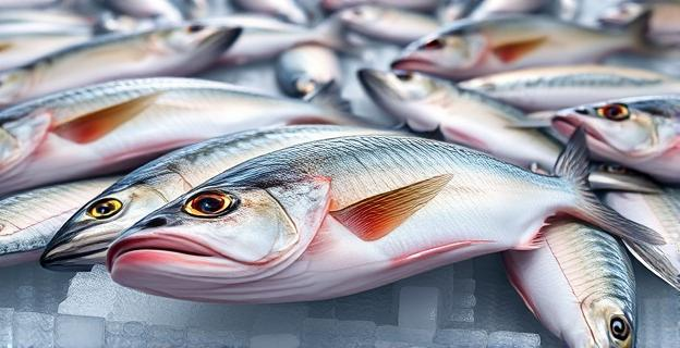 Imagen de una pescadería con merluzas y anchoas en hielo, con un foco en un pescado abierto mostrando anisakis