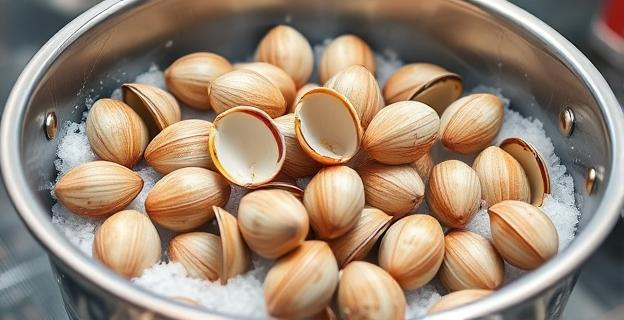 Imagen de un recipiente con agua y sal donde se están limpiando almejas, imitando el entorno marino en una cocina profesional