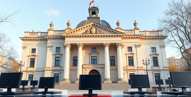 Edificio del Tribunal de Cuentas en Madrid con documentos y computadoras en primer plano