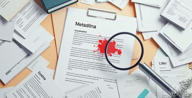 Una imagen de un documento con un borrón o tachadura en la sección de metadatos, rodeado de papeles y archivos en desorden, con una lupa o un dedo señalando hacia él.