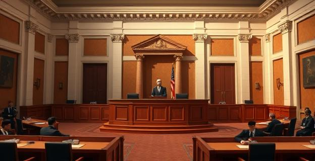 Imagen de una sala del Tribunal Supremo con un estrado y varios asistentes tomando notas, con un ambiente serio y formal.