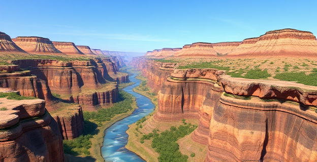 Un paisaje natural de cañones y montañas rocosas, con ríos y cascadas, rodeado de vegetación y con un cielo azul en el fondo