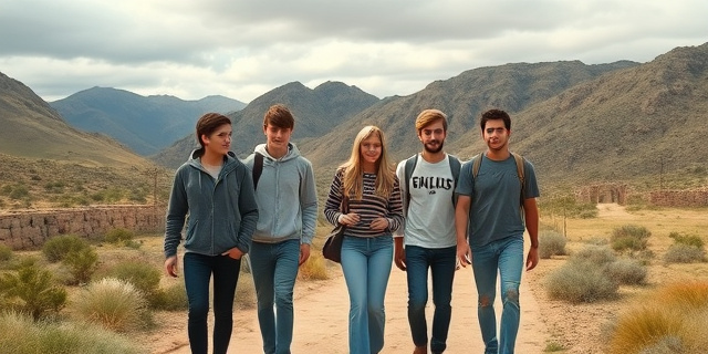Un grupo de jóvenes recorriendo un paisaje andaluz, con un fondo de montañas y un cielo nublado, mientras visitan un lugar histórico relacionado con la Guerra Civil y la represión franquista.
