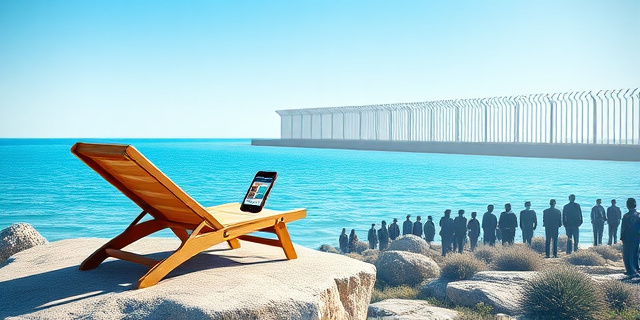 Una ilustración satírica y conceptual. En primer plano, una silla de playa lujosa sobre una roca frente a un mar cristalino, con unas gafas de sol y un smartphone mostrando una red social. Al fondo, fundiéndose con el horizonte, la silueta gris y tensa de una valla fronteriza con sombras de personas esperando. Estilo editorial de revista política, colores contrastados entre el azul brillante del verano y el gris plomo de la crisis.