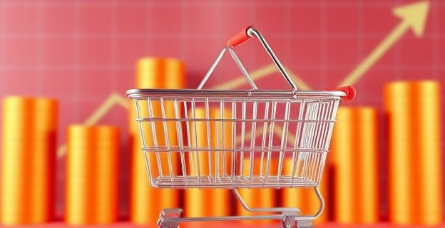 Una imagen que represente una cesta de la compra vacía con un fondo de precios al alza y un gráfico descendente del poder adquisitivo