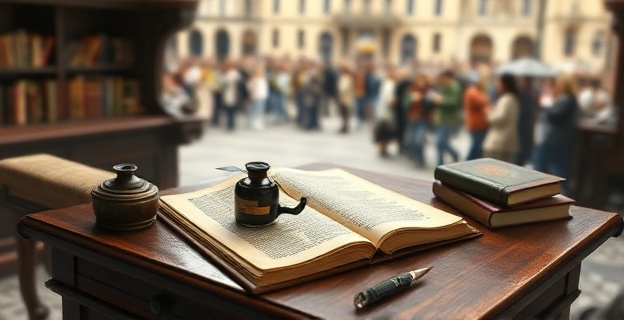 Una representación de un escritorio antiguo con un manuscrito abierto y un tintero, rodeado de libros polvorientos y una pluma de ave. Al fondo, una imagen borrosa de una multitud en una plaza, simbolizando la banalización del lenguaje en la era digital.