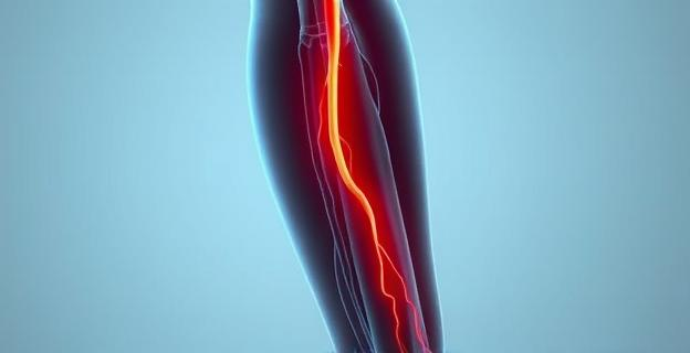 Imagen de un brazo humano con una arteria adicional resaltada en color rojo, mostrando su trayecto desde el codo hasta la mano, con un fondo neutro que destaca la anatomía.