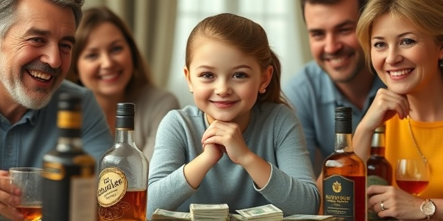 Una niña de 14 años con un anillo de compromiso, rodeada de personas adultas sonrientes, con botellas de whisky y dinero en billetes en una mesa