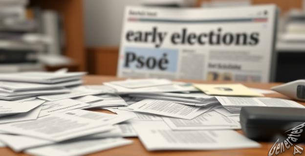 Una escena que muestra un escritorio con documentos y correos electrónicos esparcidos, con un titular de periódico que menciona 