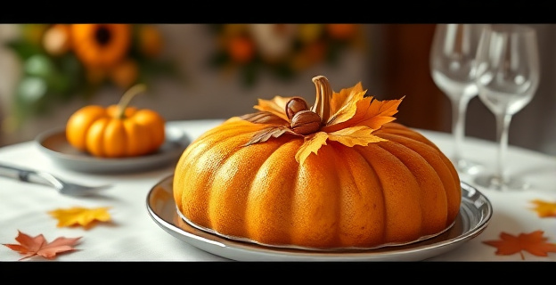 Una imagen conceptual de un pastel de calabaza decorado con motivos otoñales como hojas de arce y nueces, sobre una mesa con un mantel de lino blanco, con un fondo difuso que sugiere una cena festiva.