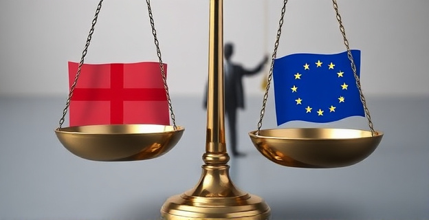 Una imagen conceptual que represente la tensión entre el Gobierno y la Unión Europea respecto a la independencia de la Autoridad Independiente de Responsabilidad Fiscal (Airef). Un primer plano de una balanza con un lado inclinado hacia el Gobierno y el otro hacia la UE, con una figura en el fondo representando la Airef.